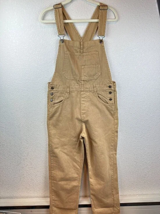 Free People We The Free Tan Medium Overalls Wide Straight Leg Utility Boho - Picture 3 of 10